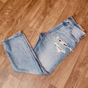 LEVI'S 501 Jeans Destroyed Hawaiian Floral Patch Straight Leg Button Fly 38x32